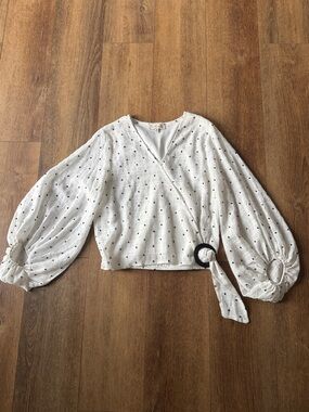 The LINE of style White Polka Dot Wrap Blouse with Balloon Sleeves Size M